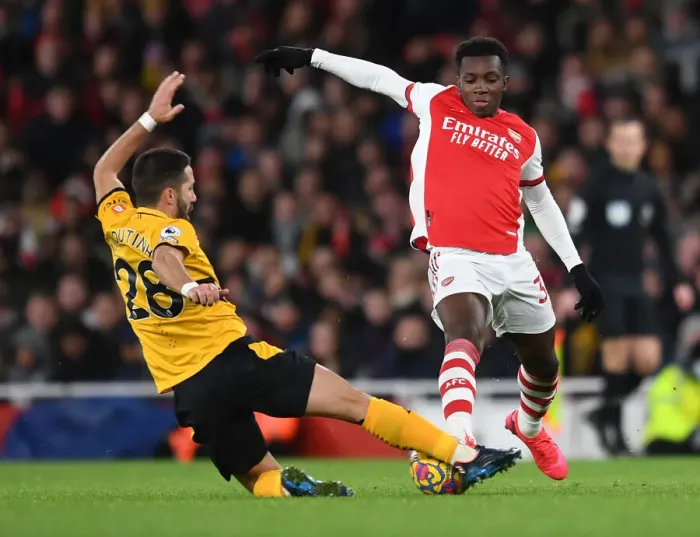 Framed Print : Nketiah vs. Moutinho: A Battle in the Arsenal vs. Wolverhampton Wanderers Premier League Clash