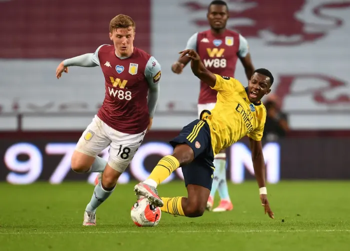 Framed Print : Nketiah vs. Targett: A Premier League Battle at Villa Park - Arsenal vs. Aston Villa (2019-20)