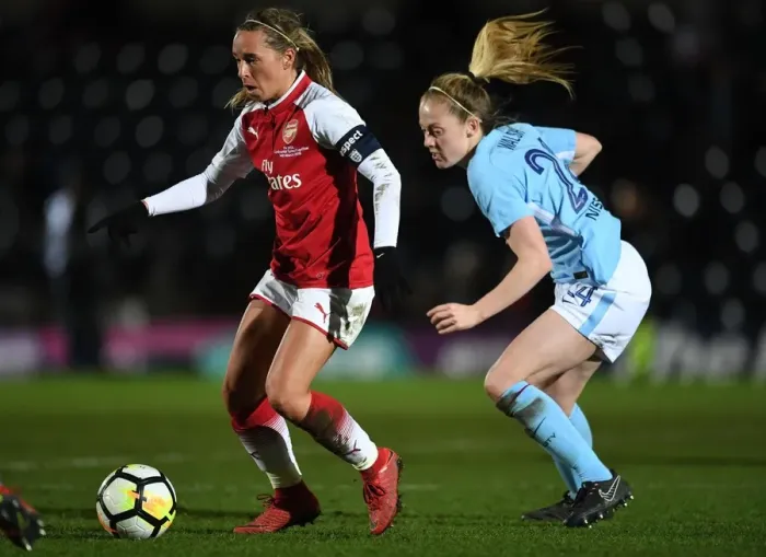 Framed Print : Nobbs vs Walsh: A Titanic Showdown - Arsenal Women vs Manchester City in the Continental Cup Final