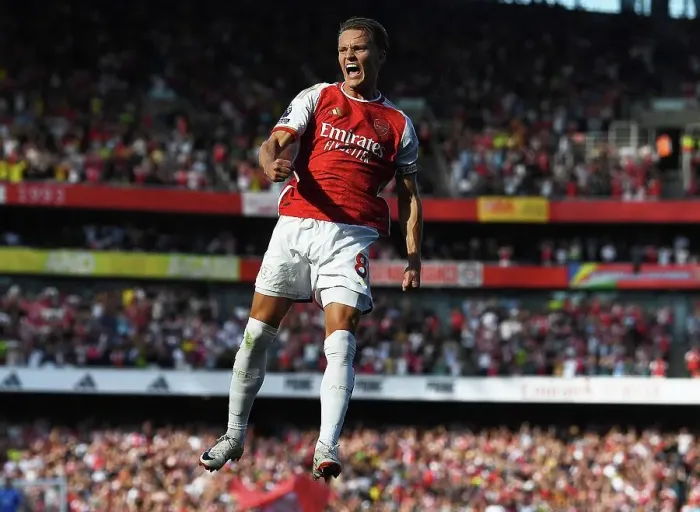 Framed Print : Odegaard Scores First Arsenal Goal: Arsenal 1-Manchester United, Premier League 2023-24