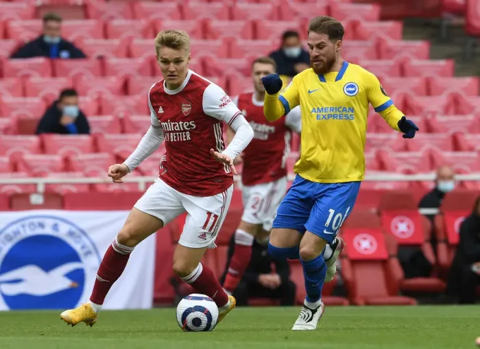 Framed Print : Odegaard vs Mac Allister: A Premier League Showdown at Emirates Stadium (2020-21) Framed Print : Odegaard vs Mac Allister: A Premier League Showdown at Emirates Stadium (2020-21)