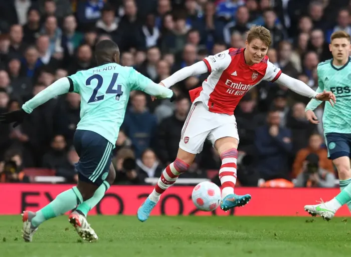Framed Print : Odegaard vs. Mendy: Intense Rivalry in the Premier League - Arsenal vs. Leicester City