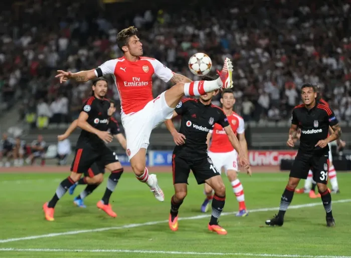 Framed Print : Olivier Giroud in Action: Arsenal vs. Besiktas, UEFA Champions League Qualifiers 2014