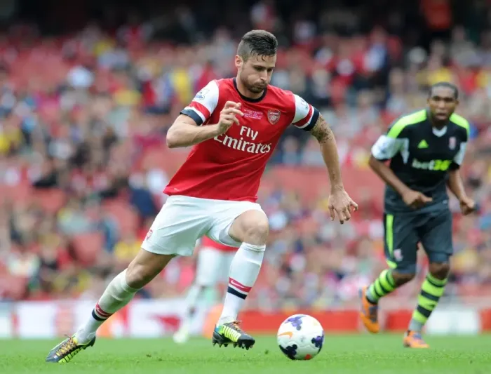 Framed Print : Olivier Giroud (Arsenal). Arsenal 3: 1 Stoke City. Barclays Premier League. Emirates Stadium