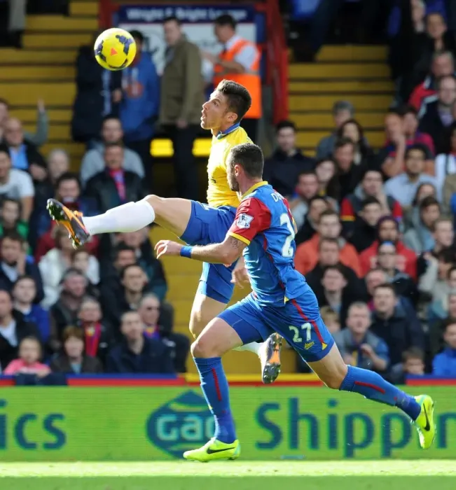 Framed Print : Olivier Giroud (Arsenal) Damien Delaney (Palace). Crystal Palace 0: 2 Arsenal. Barclays Framed Print : Olivier Giroud (Arsenal) Damien Delaney (Palace). Crystal Palace 0: 2 Arsenal. Barclays