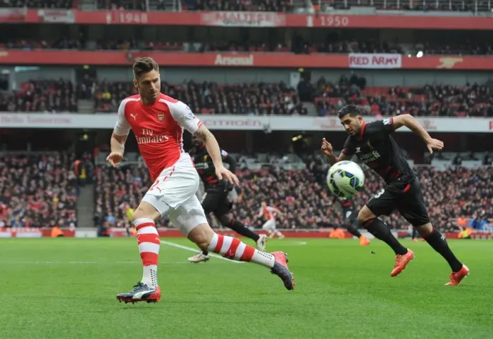 Framed Print : Olivier Giroud (Arsenal) Emre Can (Liverpool). Arsenal 4: 1 Liverpool. Barclays Premier League