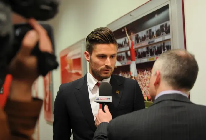 Framed Print : Olivier Giroud (Arsenal) is interviewed before the match. Arsenal 2: 0 Newcastle United Framed Print : Olivier Giroud (Arsenal) is interviewed before the match. Arsenal 2: 0 Newcastle United