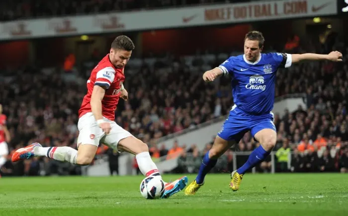 Framed Print : Olivier Giroud (Arsenal) Phil Jagielka (Everton). Arsenal 0: 0 Everton. Barclays Premier League