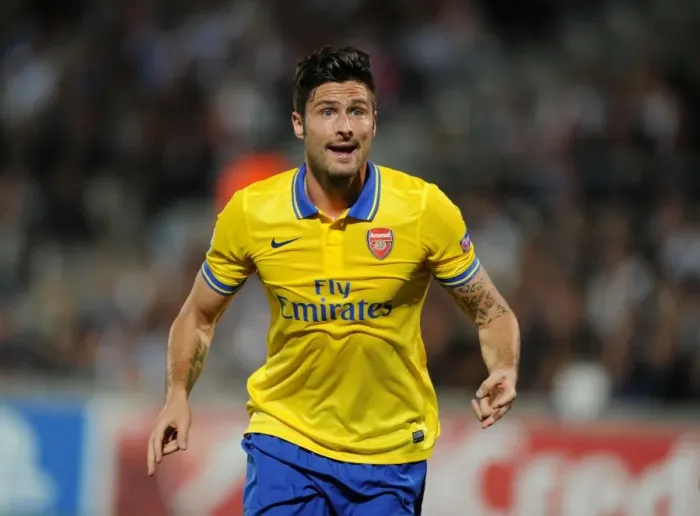 Framed Print : Olivier Giroud: Arsenal's Star Striker in Action against Olympique Marseille, UEFA Champions League 2013-14