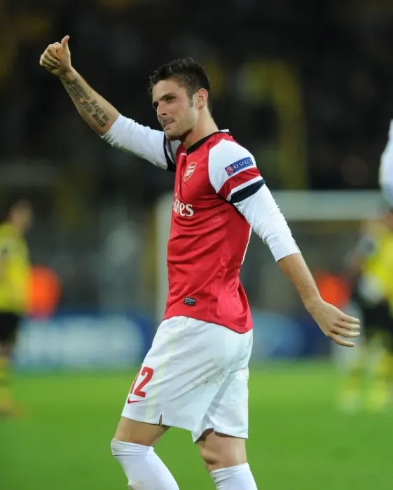 Framed Print : Olivier Giroud Celebrates with Arsenal Fans after Borussia Dortmund Clash (2013-14)