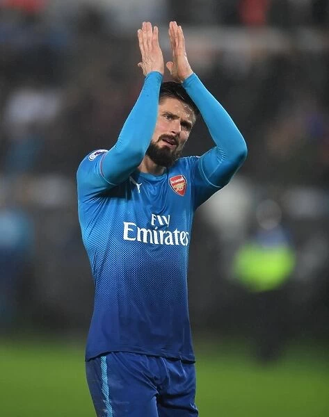 Olivier Giroud Celebrates with Arsenal Fans after Swansea Victory