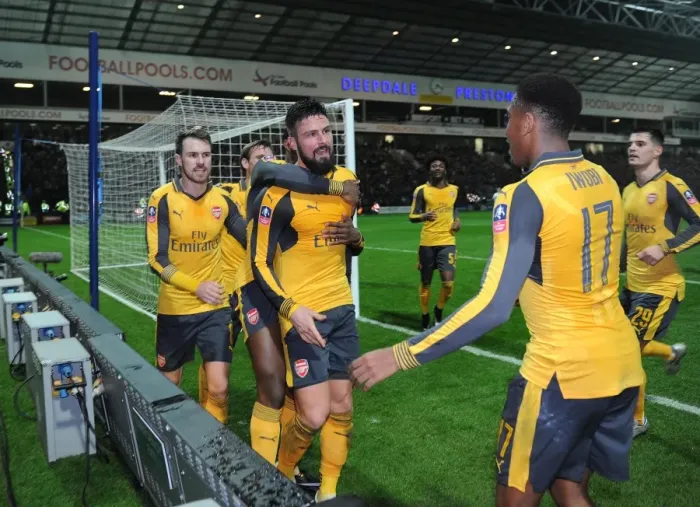 Framed Print : Olivier Giroud celebrates scoring Arsenals 2nd goal with Aaron Ramsey and Alex Iwobi Framed Print : Olivier Giroud celebrates scoring Arsenals 2nd goal with Aaron Ramsey and Alex Iwobi