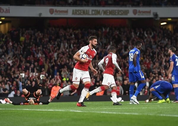 Olivier Giroud Celebrates After Scoring His Third Goal: Arsenal vs Leicester City, Premier League 2017-18