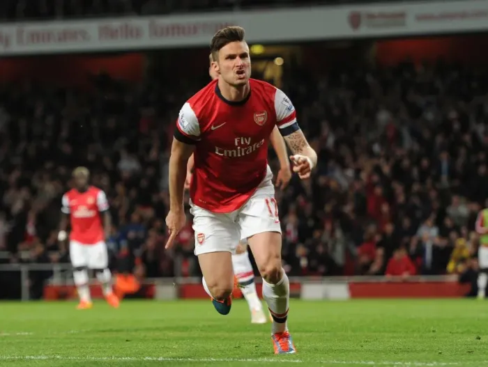 Framed Print : Olivier Giroud celebrates scoring his goal for Arsenal. Arsenal 3: 1 West Ham United