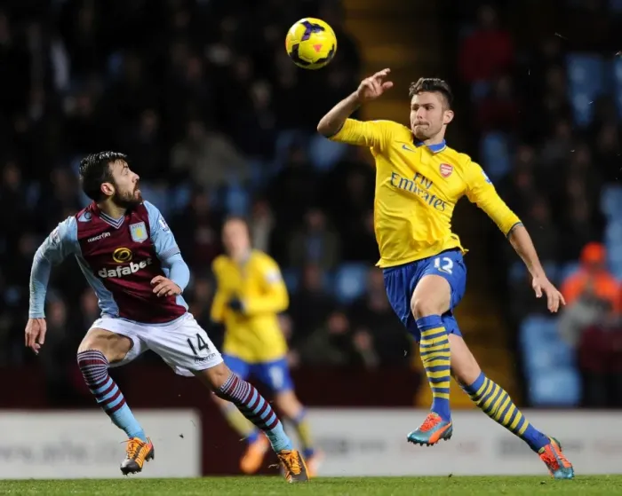 Framed Print : Olivier Giroud Faces Pressure from Antonio Luna in Aston Villa vs. Arsenal Premier League Clash Framed Print : Olivier Giroud Faces Pressure from Antonio Luna in Aston Villa vs. Arsenal Premier League Clash