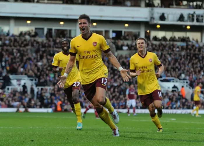 Framed Print : Olivier Giroud, Gervinho, and Aaron Ramsey Celebrate Goal: West Ham United vs. Arsenal (2012-13)