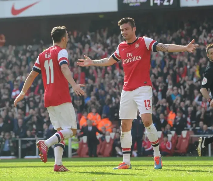 Framed Print : Olivier Giroud and Mesut Ozil Celebrate Goals: Arsenal vs Everton, FA Cup 2014