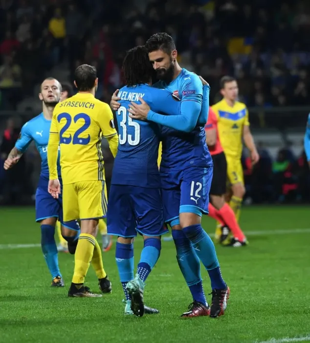 Framed Print : Olivier Giroud and Mohamed Elneny Celebrate Arsenal's Europa League Goals Against BATE Borisov Framed Print : Olivier Giroud and Mohamed Elneny Celebrate Arsenal's Europa League Goals Against BATE Borisov