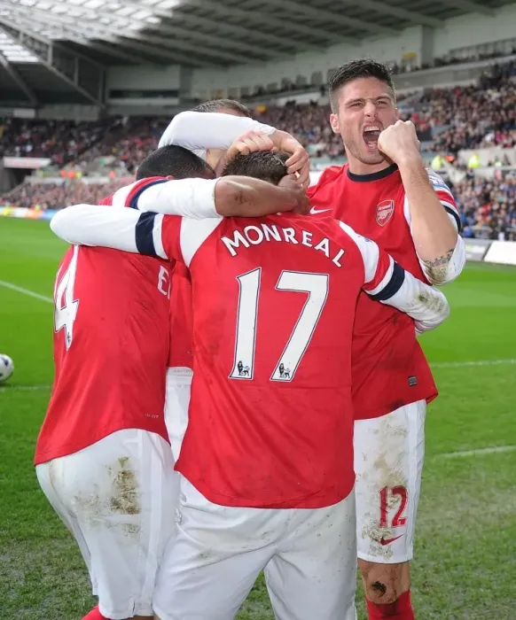 Framed Print : Olivier Giroud and Nacho Monreal Celebrate Arsenal's Goal Against Swansea City
