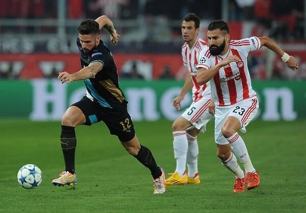 Olivier Giroud Overpowers Dimitris Siovas: Arsenal's Thrilling Victory over Olympiacos in the UEFA Champions League, Athens 2015