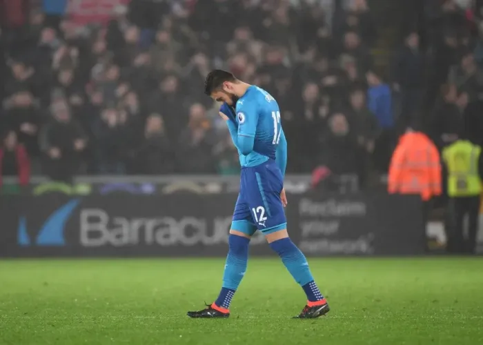 Framed Print : Olivier Giroud Reacts to Swansea's Third Goal in Arsenal-Swansea Premier League Clash (2018) Framed Print : Olivier Giroud Reacts to Swansea's Third Goal in Arsenal-Swansea Premier League Clash (2018)