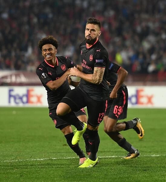 Olivier Giroud and Reiss Nelson Celebrate Arsenal's Goal against Red Star Belgrade in Europa League