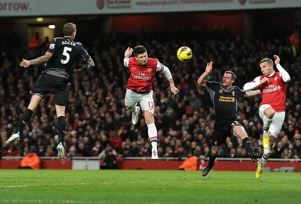 Olivier Giroud scores Arsenal 1st goal as he gets between Daniel Agger and Jamie Carragher
