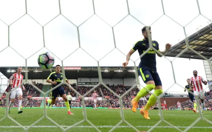 Framed Print : Olivier Giroud scores his and Arsenals 1st goal. Stoke City 1: 4 Arsenal. Premier League Framed Print : Olivier Giroud scores his and Arsenals 1st goal. Stoke City 1: 4 Arsenal. Premier League