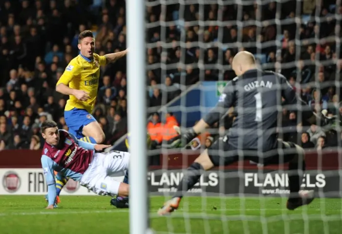 Framed Print : Olivier Giroud Scores Arsenal's Second Goal Against Aston Villa (2013-14 Premier League)