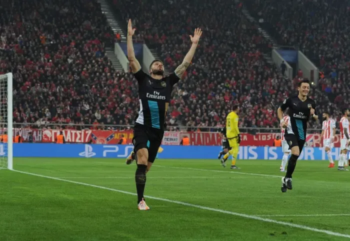 Framed Print : Olivier Giroud Scores Arsenal's Second Goal in Champions League Match against Olympiacos, Piraeus 2015