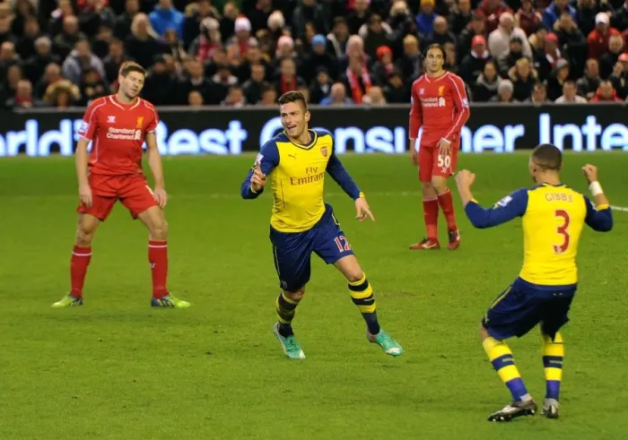 Framed Print : Olivier Giroud Scores Arsenal's Second Goal: Liverpool vs Arsenal, Premier League 2014 / 15 Framed Print : Olivier Giroud Scores Arsenal's Second Goal: Liverpool vs Arsenal, Premier League 2014 / 15