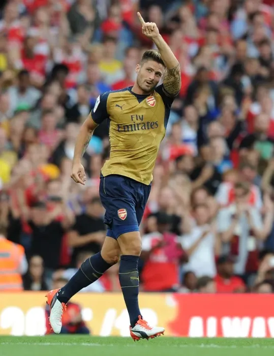 Framed Print : Olivier Giroud Scores First Goal for Arsenal in Emirates Cup Clash Against Olympique Lyonnais, 2015
