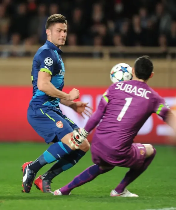 Framed Print : Olivier Giroud Scores First Goal: Arsenal vs. AS Monaco, UEFA Champions League Round of 16 (March 2015)