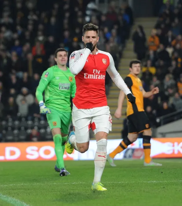 Framed Print : Olivier Giroud Scores First Goal: Arsenal's FA Cup Victory over Hull City (March 2016)