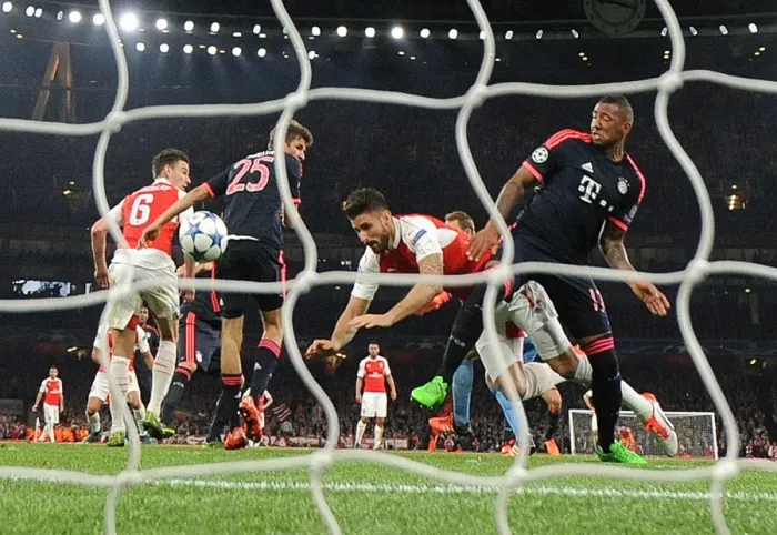 Framed Print : Olivier Giroud Scores First Goal Against Bayern Munich in 2015: Arsenal vs Bayern Champions League Clash