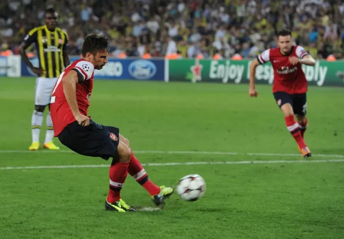 Framed Print : Olivier Giroud Scores Penalty as Arsenal Takes 3-0 Lead Over Fenerbahce in Champions League Play-offs