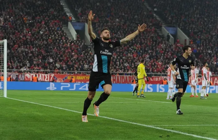 Framed Print : Olivier Giroud Scores His Second Goal: Arsenal's Victory in UEFA Champions League vs Olympiacos (December 2015)