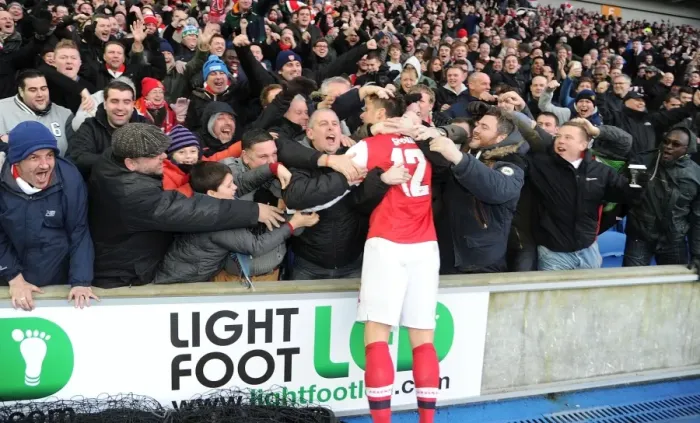 Framed Print : Olivier Giroud Scores Second Goal, Arsenal Fans Celebrate in FA Cup Match against Brighton & Hove Albion