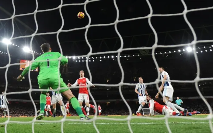 Framed Print : Olivier Giroud Scores the Winner: Arsenal vs. West Bromwich Albion, Premier League, 2016-17