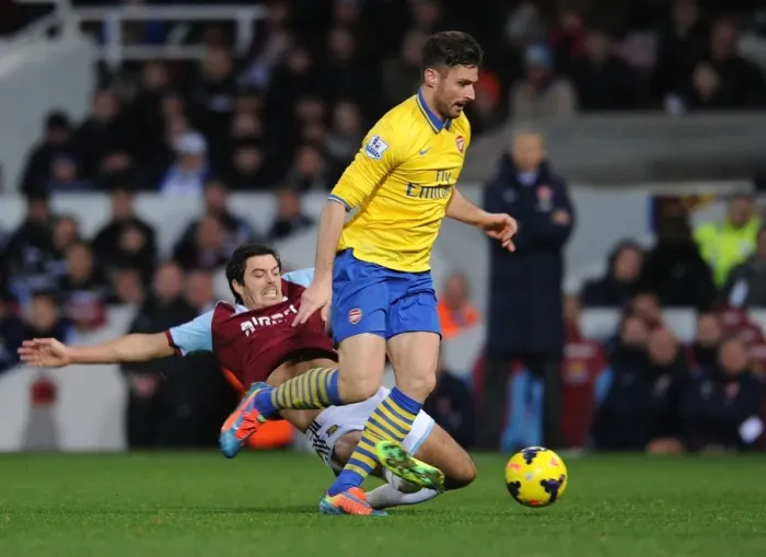 Framed Print : Olivier Giroud Surges Past Joey O'Brien: West Ham vs. Arsenal, Premier League, 2013