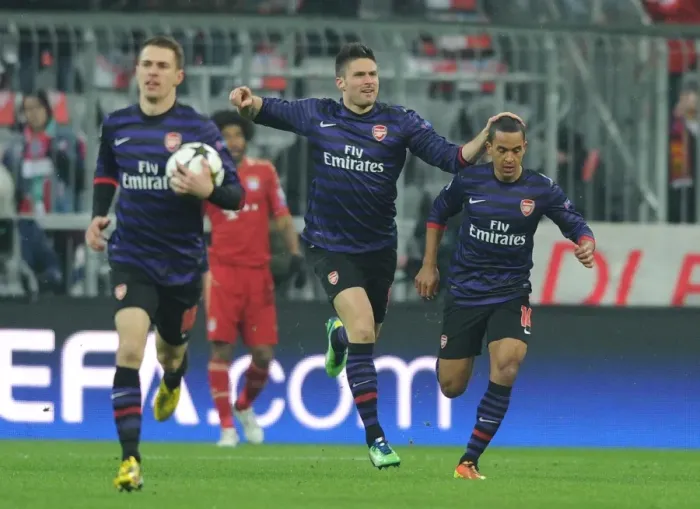 Framed Print : Olivier Giroud and Theo Walcott Celebrate Arsenal's Goal Against Bayern Munich in Champions League Showdown