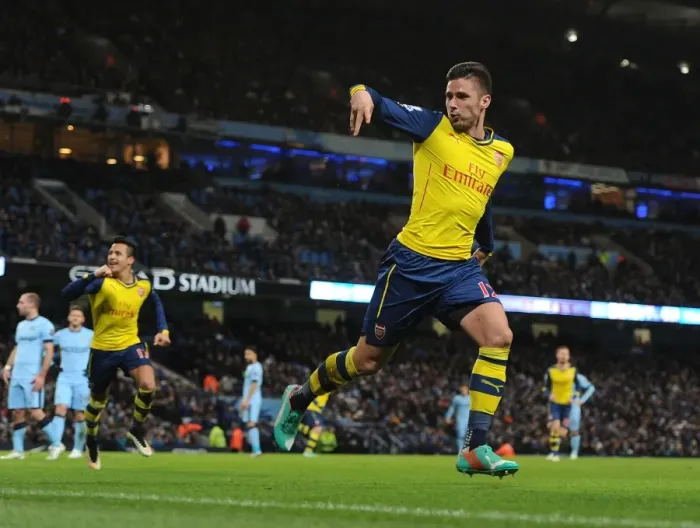 Framed Print : Olivier Giroud's Brace: Dramatic Arsenal Comeback at Manchester City, Premier League 2014-15