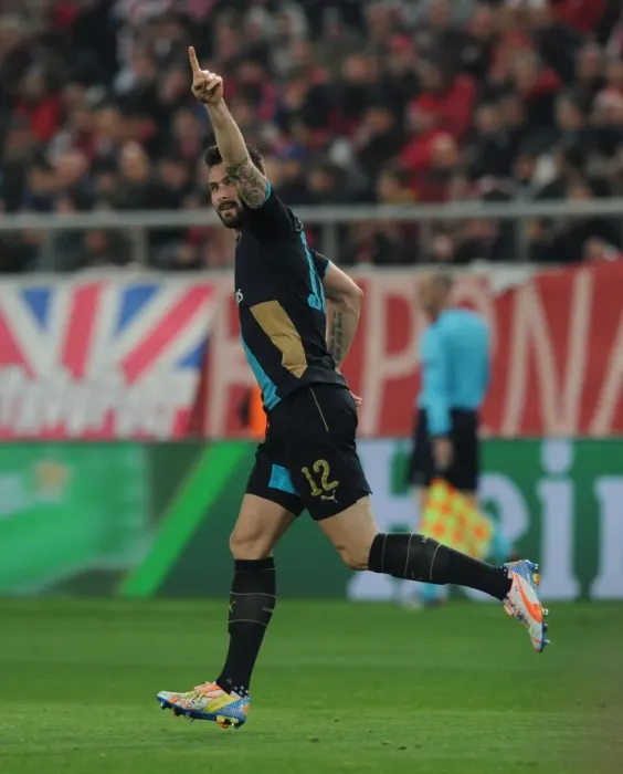 Framed Print : Olivier Giroud's Champion Goal: Arsenal Triumphs Over Olympiacos in UEFA Champions League (December 2015, Athens)