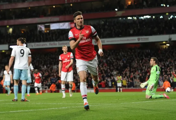 Framed Print : Olivier Giroud's Double: Arsenal's Victory Over West Ham United in the Premier League, April 2014