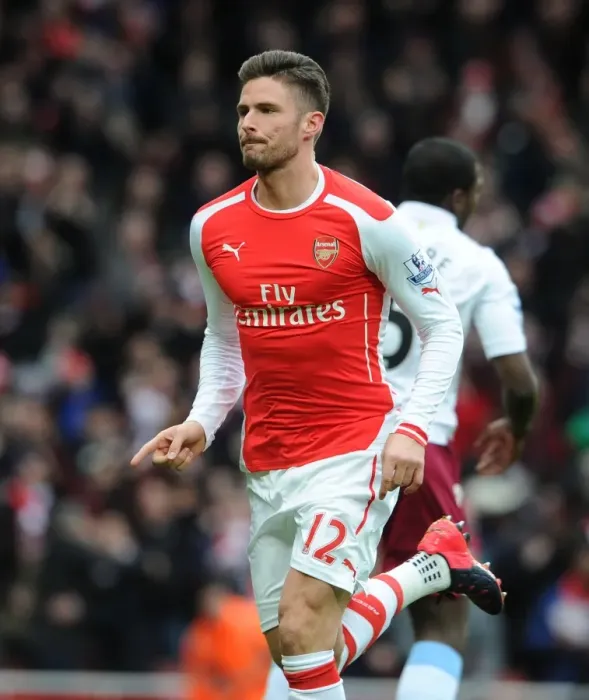 Framed Print : Olivier Giroud's Goal Celebration: Arsenal vs. Aston Villa, Premier League 2014-15