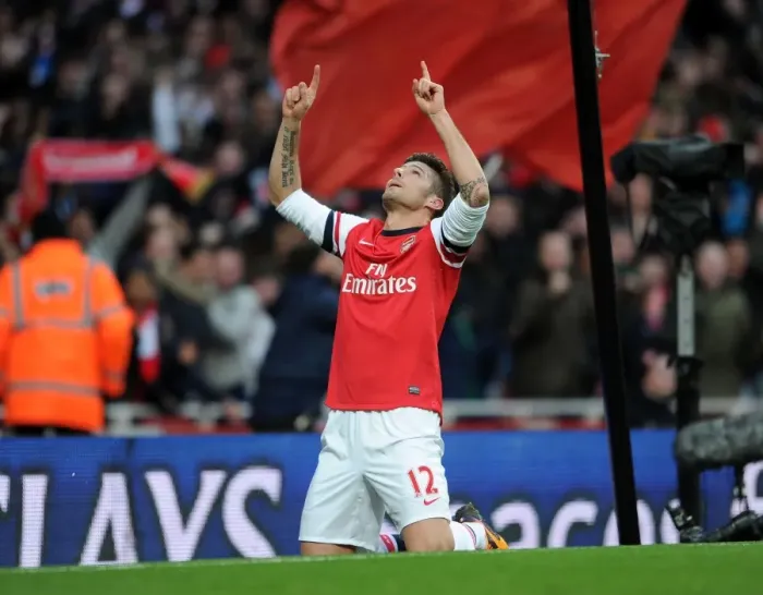 Framed Print : Olivier Giroud's Goal Celebration: Arsenal vs Southampton, Premier League 2013-14