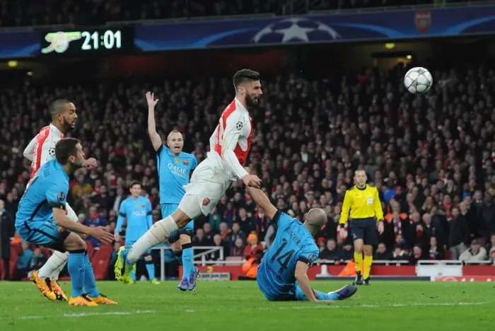 Framed Print : Olivier Giroud's Narrow Miss vs. Mascherano: Arsenal vs. Barcelona, UEFA Champions League 2016