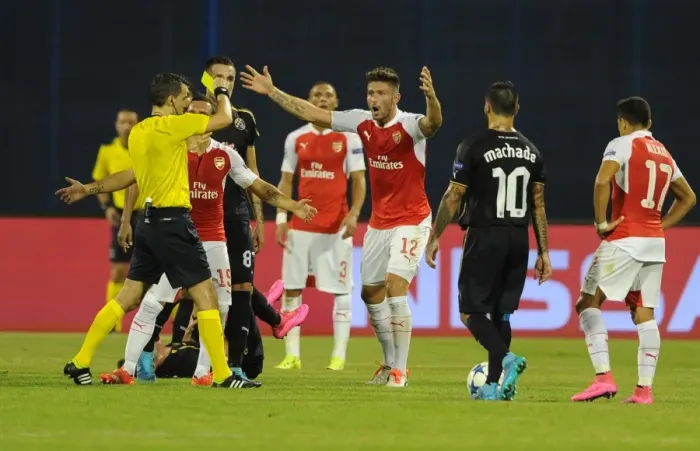 Framed Print : Olivier Giroud's Red Card: A Disappointing Debut for Arsenal in the UEFA Champions League Against Dinamo Zagreb (September 2015)