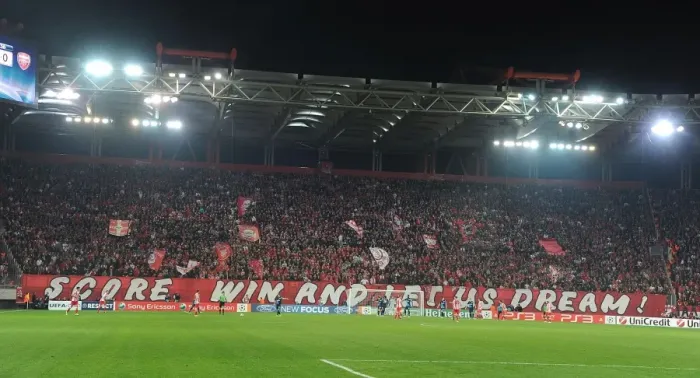 Framed Print : Olympiacos Fans in Full Force: Arsenal FC vs Olympiacos FC, UEFA Champions League, Athens 2011