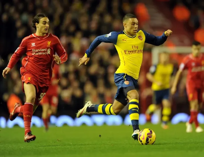 Framed Print : Oxlade-Chamberlain Breaks Past Markovic: Intense Moment from the Liverpool vs. Arsenal Premier League Clash (2014 / 15) Framed Print : Oxlade-Chamberlain Breaks Past Markovic: Intense Moment from the Liverpool vs. Arsenal Premier League Clash (2014 / 15)